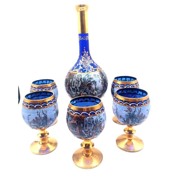 Murano Cobalt Blue Gold Pedestal Italian Victorian Scenes Decanter Wine Glasses - Picture 6 of 15